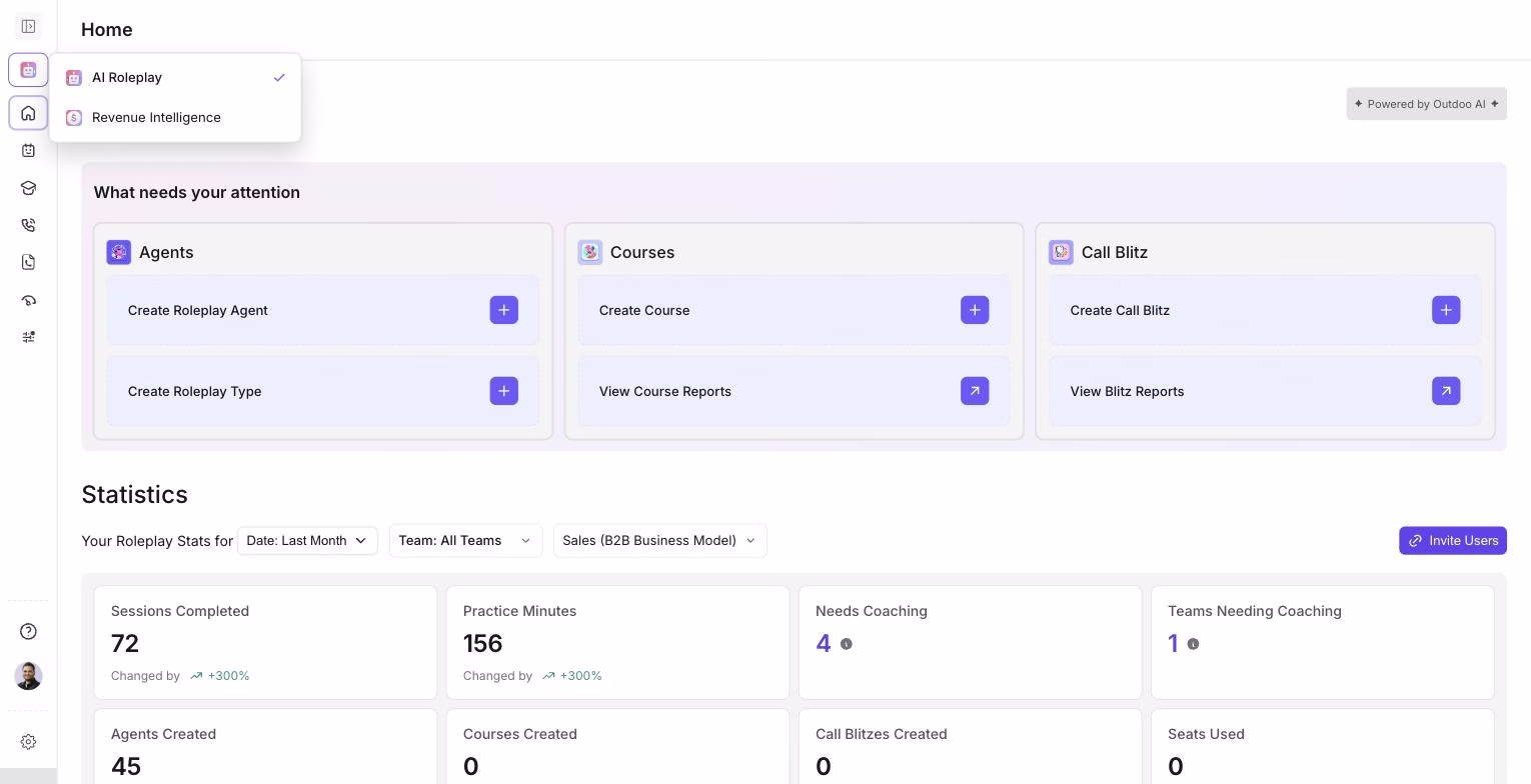 App switcher dropdown open below the Outdoo logo, showing AI Roleplay and Revenue Intelligence with a checkmark on the active app