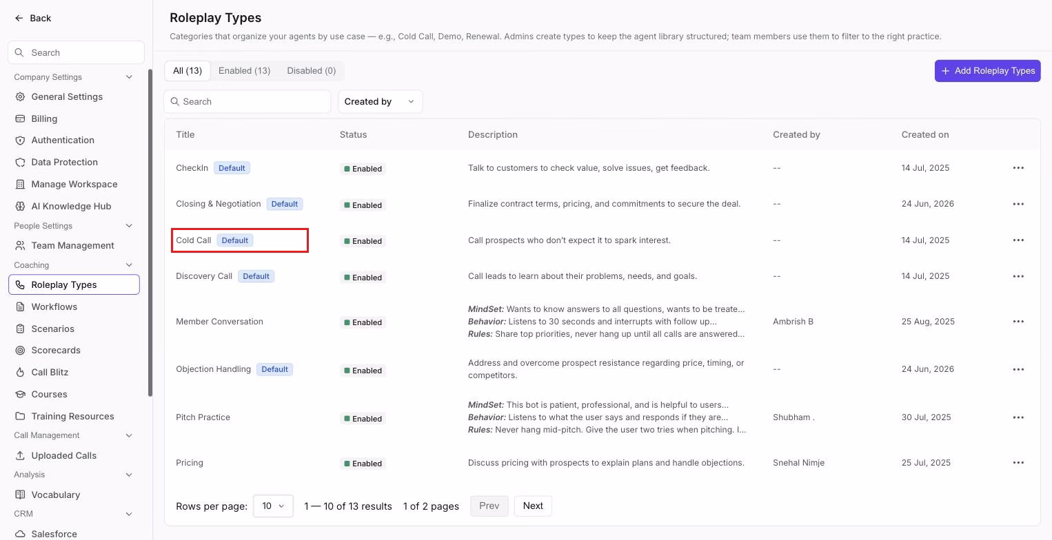 Roleplay Types settings page listing enabled call types, with the Cold Call row boxed to show which entry to open