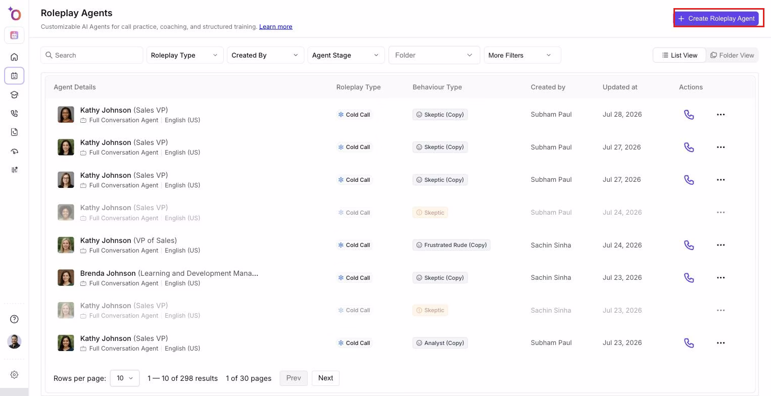 Roleplay Agents list view showing agent details, type, and behaviour