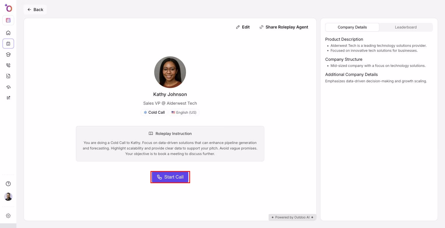 Roleplay agent detail page with persona, instructions, and start call button