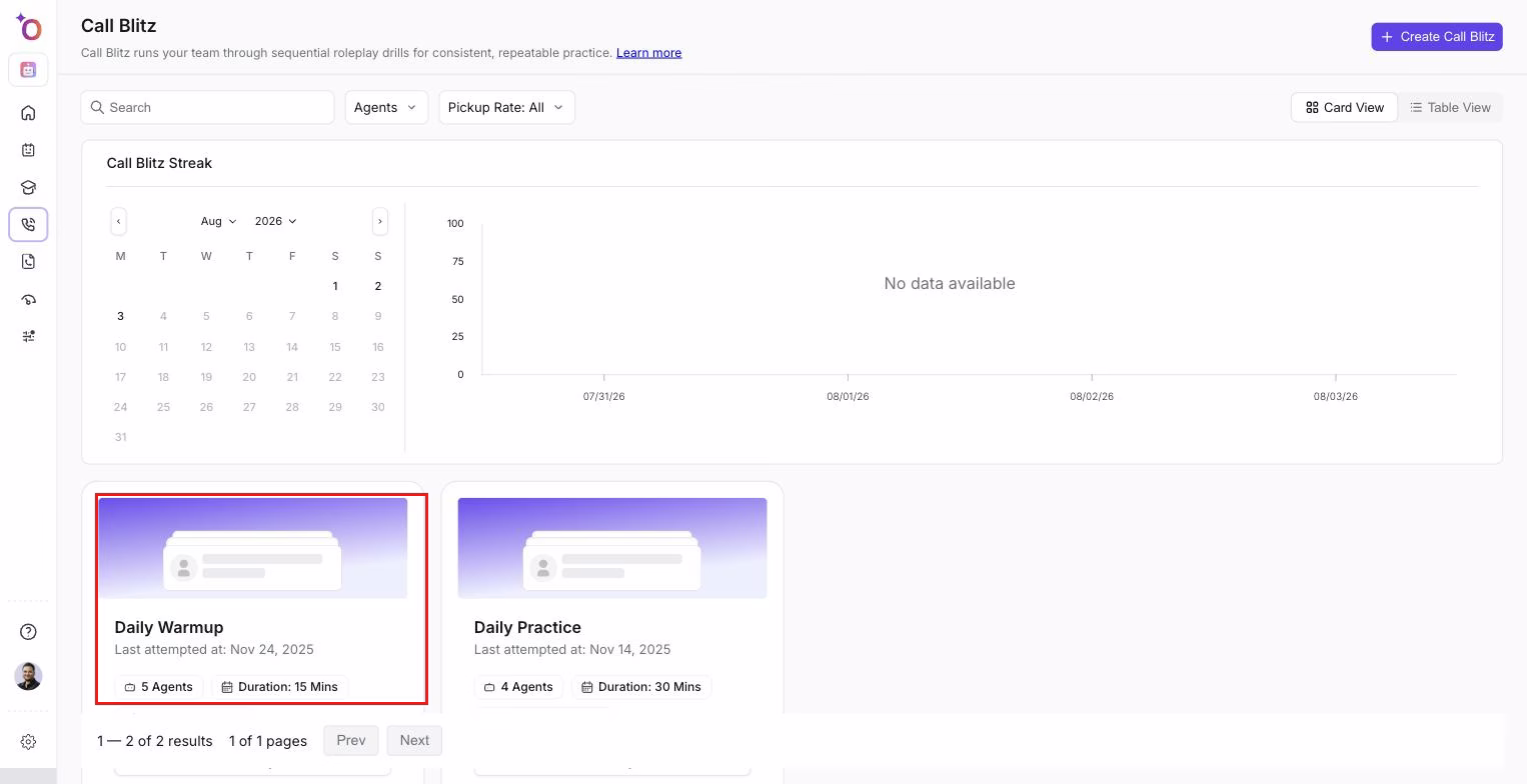 Call Blitz card view showing streak chart and available sessions