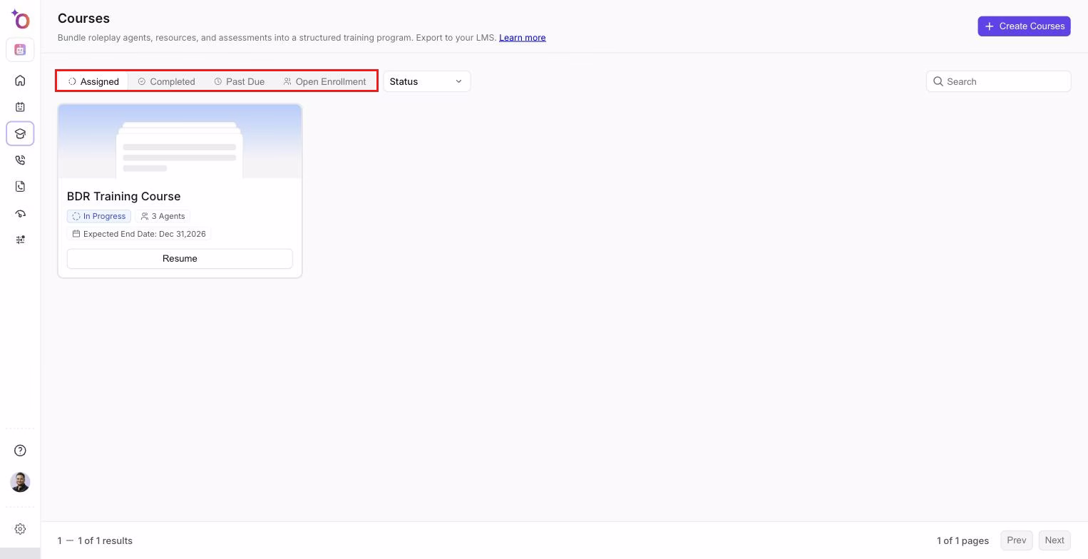 Courses list showing assigned, completed, and open enrollment tabs