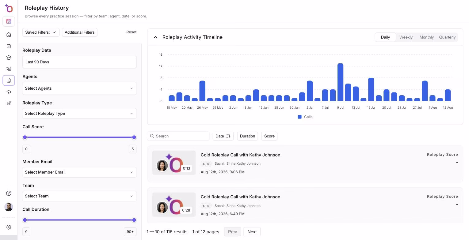 Roleplay history page with activity timeline and filters