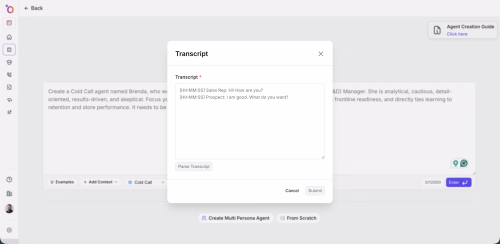 Transcript modal with a pasted call transcript and a Parse Transcript button