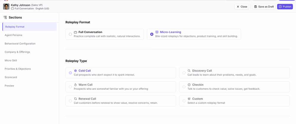 Roleplay Format screen with Micro-Learning selected instead of Full Conversation