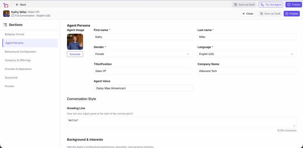Agent Persona screen with fields for first name, last name, gender, language, title, and company name