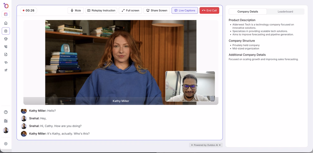 Video roleplay call screen with the Live Captions button active in the top toolbar