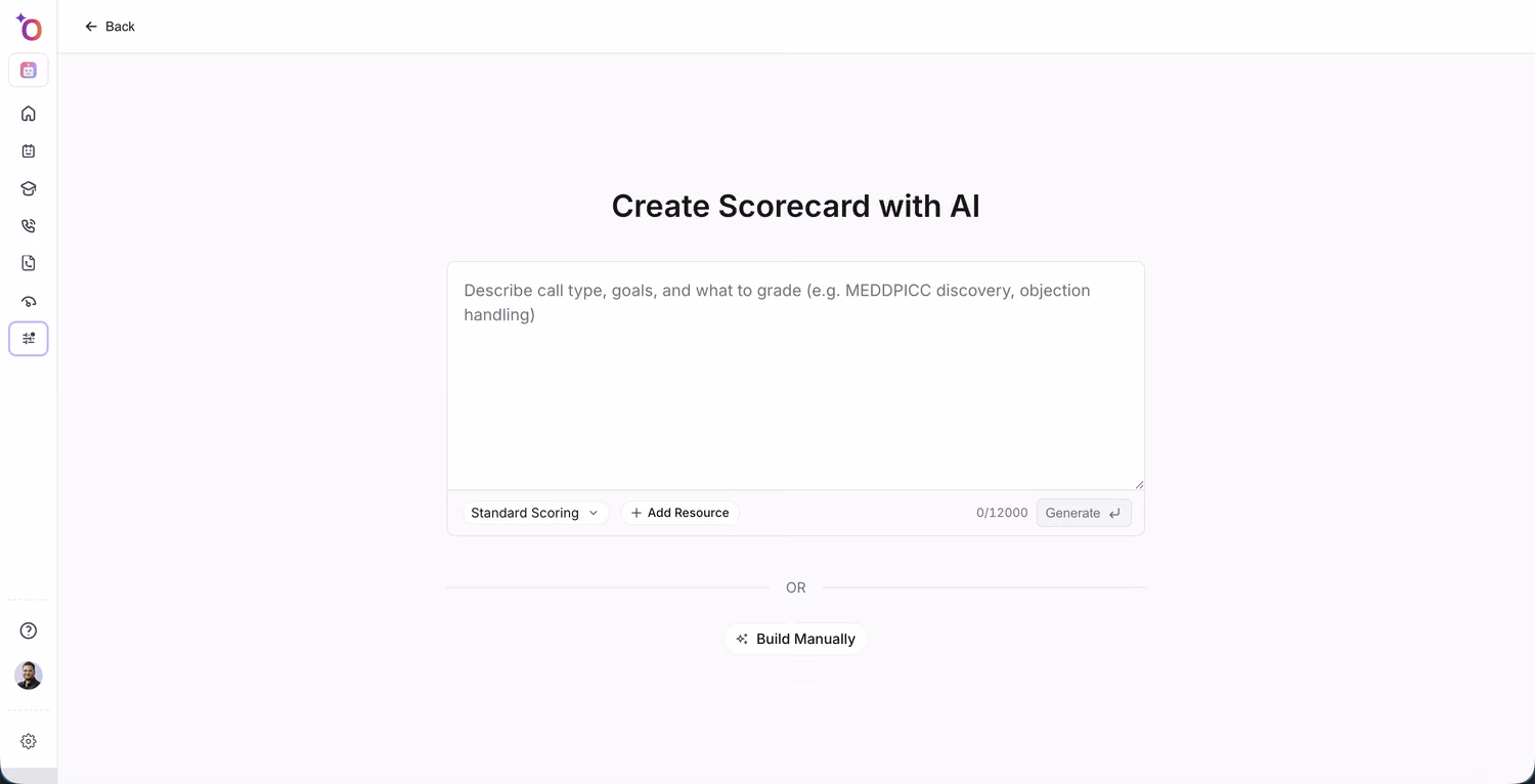 Create Scorecard with AI screen with a prompt field, Standard Scoring dropdown, and Add Resource button