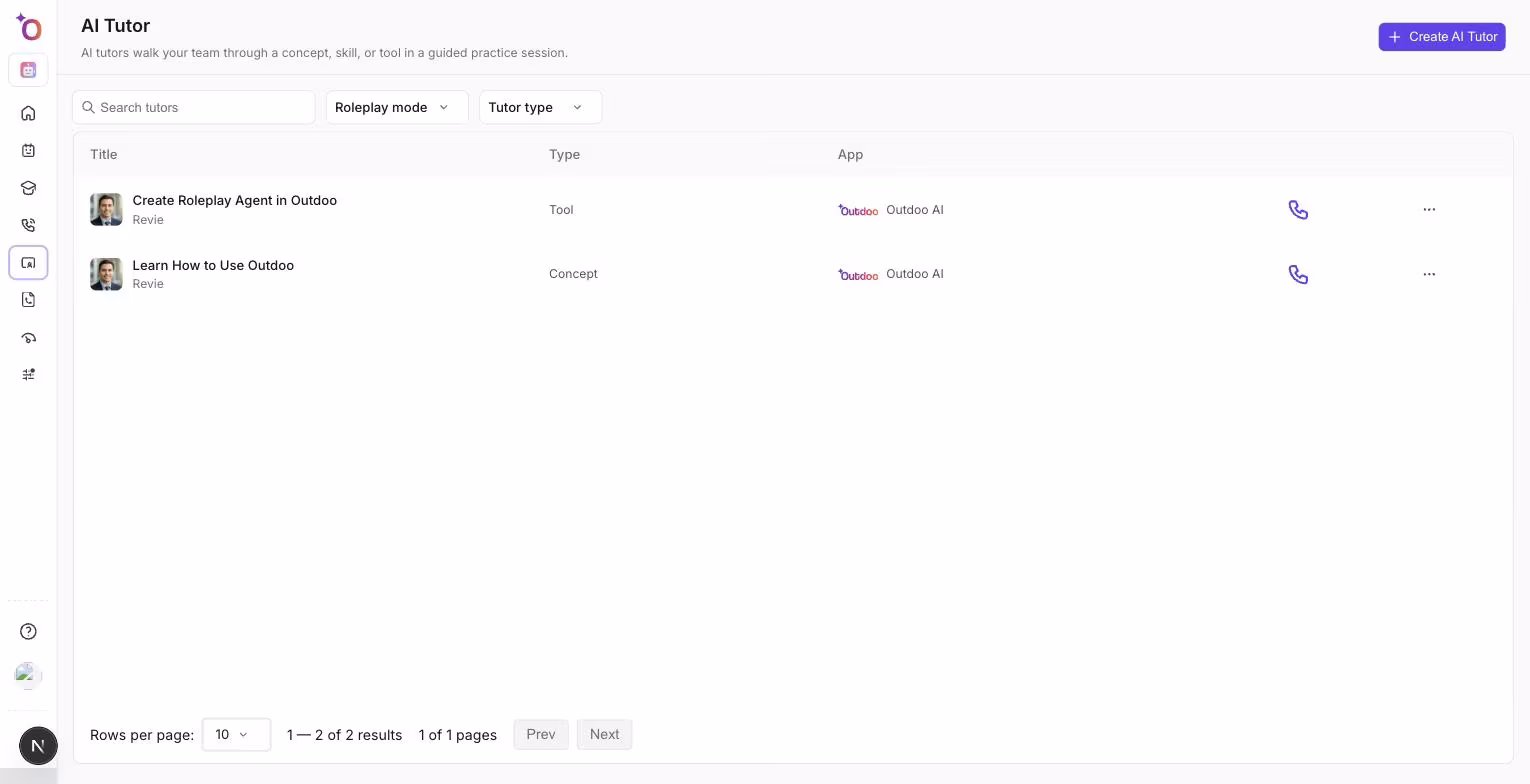 The AI Tutor list showing each tutor's title, persona, type, and mode