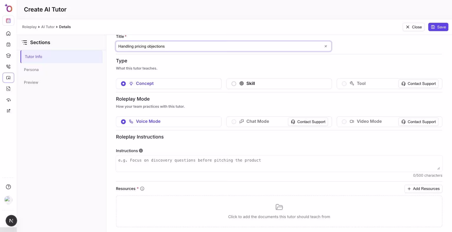 The Tutor Info section showing Title, Type, Roleplay Mode, Roleplay Instructions, and Resources