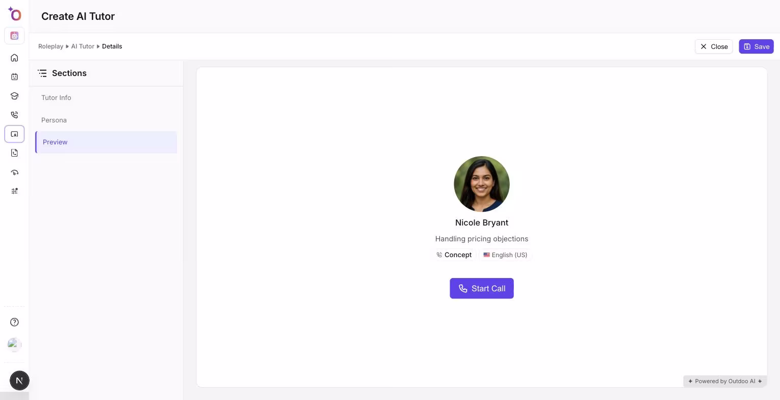 The Preview section showing the tutor's avatar, name, title, type, language, and a Start Call button