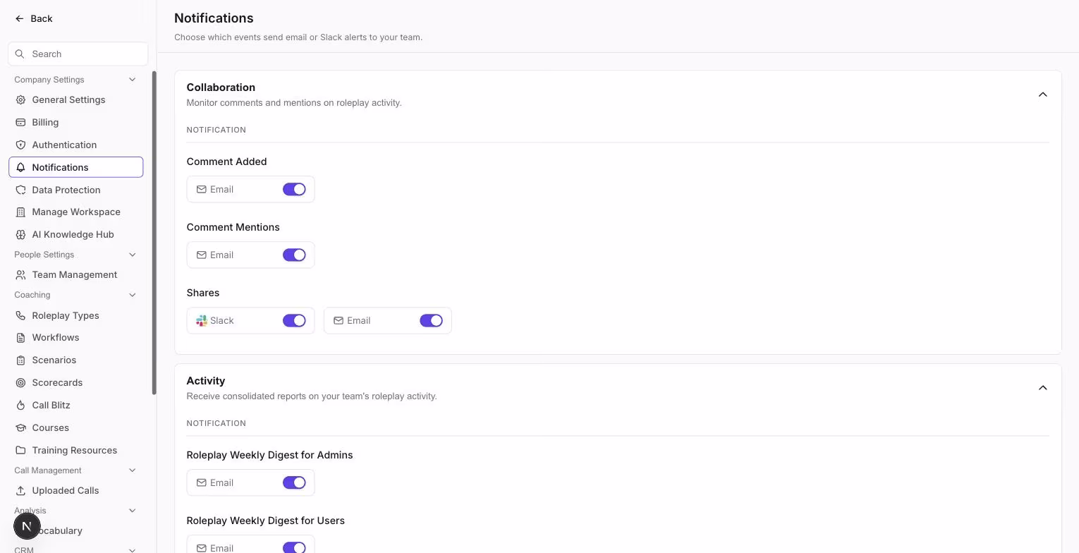 The Roleplay Notifications page showing the Collaboration and Activity categories with email and Slack switches