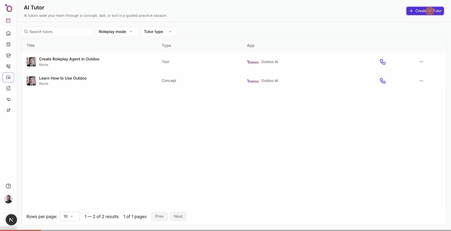 Walkthrough: opening the AI Tutor editor, naming the tutor, choosing a type, and previewing it