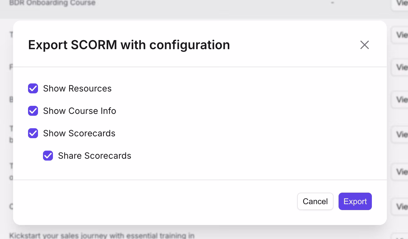 Export SCORM with configuration modal showing Show Resources, Show Course Info, Show Scorecards, and Share Scorecards toggles