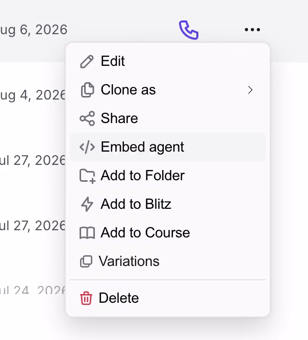 Ventana Embed agent con los campos de tamaño y el fragmento HTML del iframe para copiar