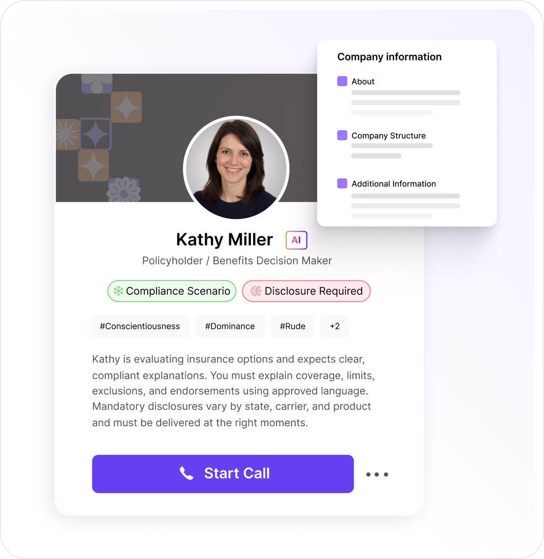 A roleplay persona card with the scenario and a Start Call button