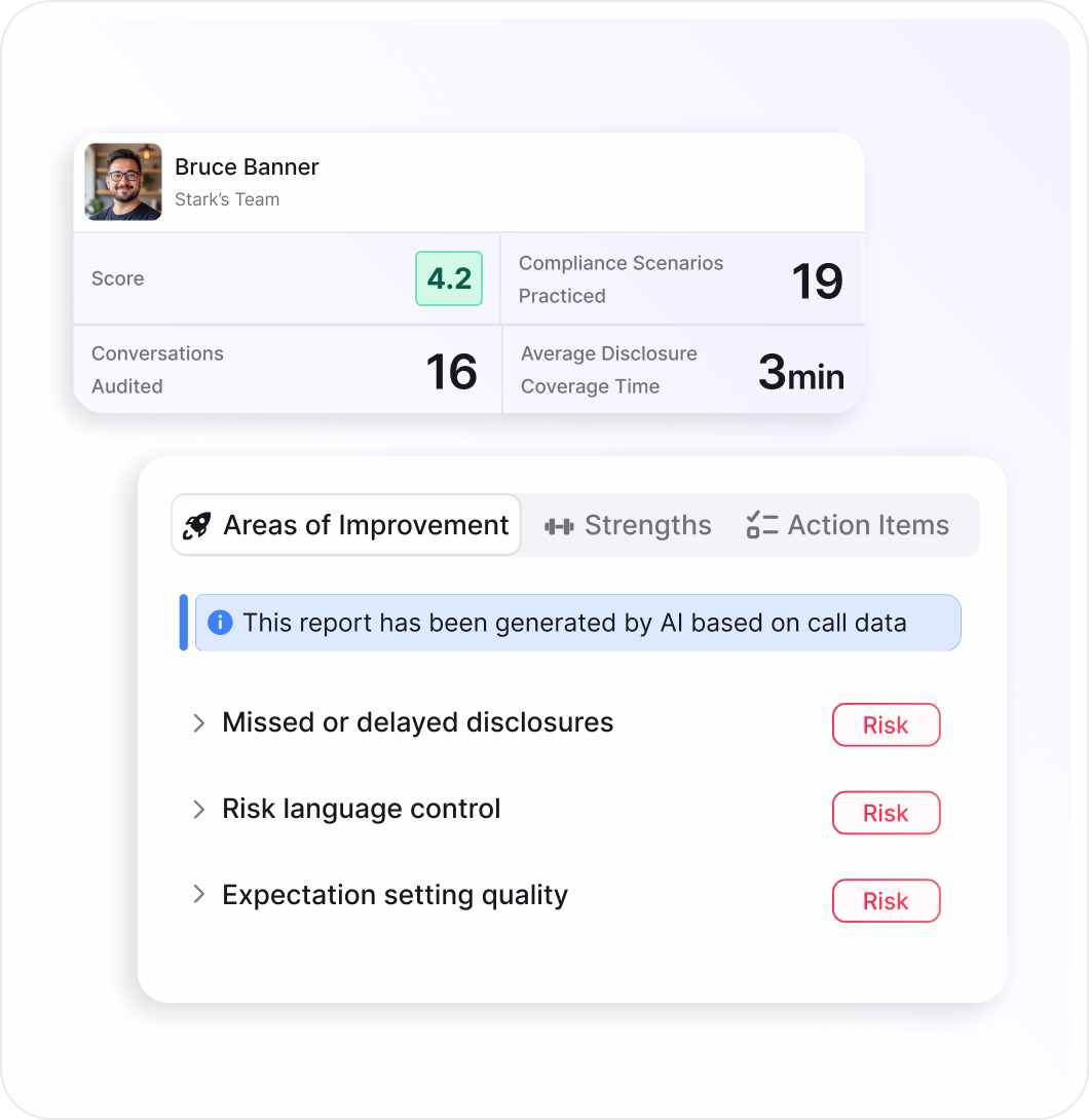 A rep report with score, conversations audited and AI-generated coaching notes
