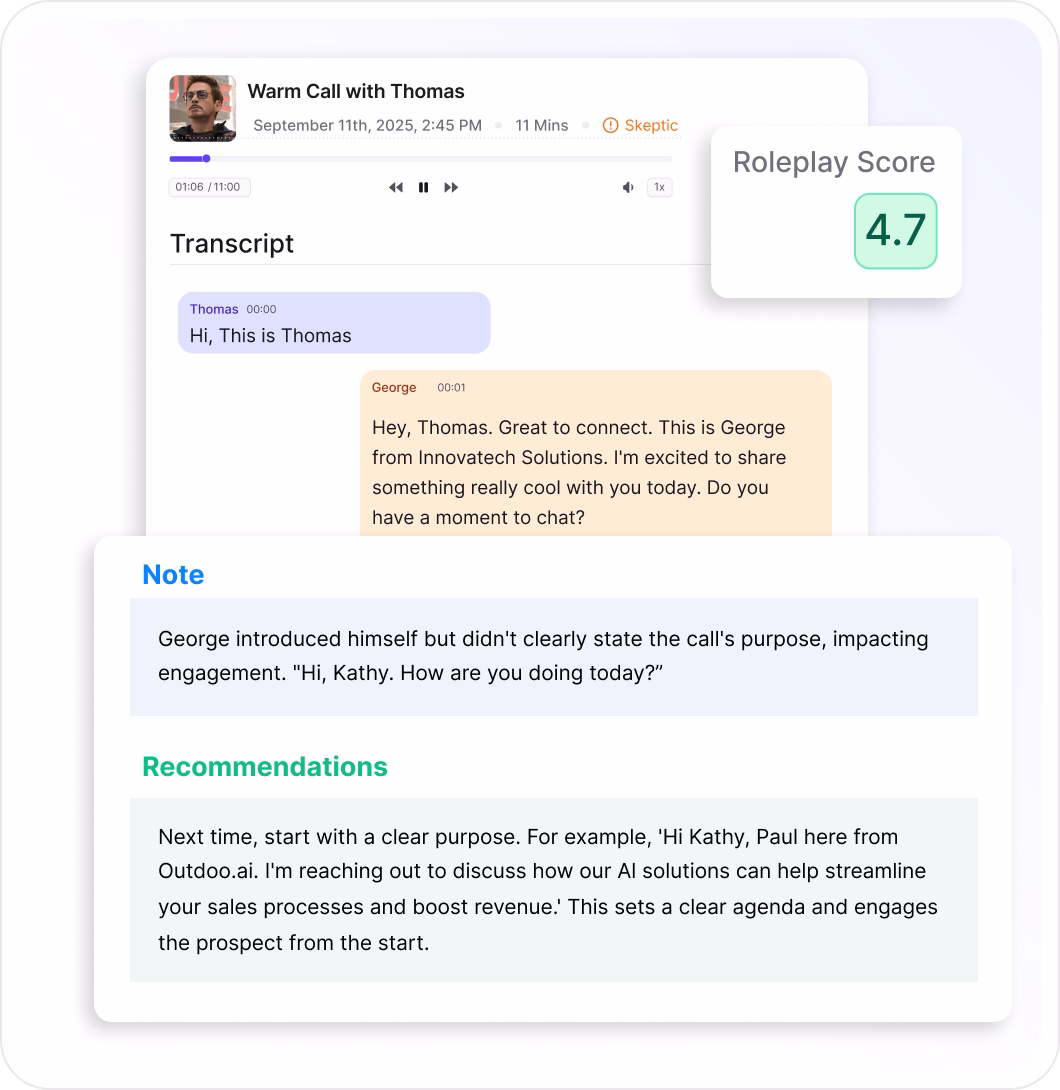 A roleplay scored 4.7 with transcript and recommendations