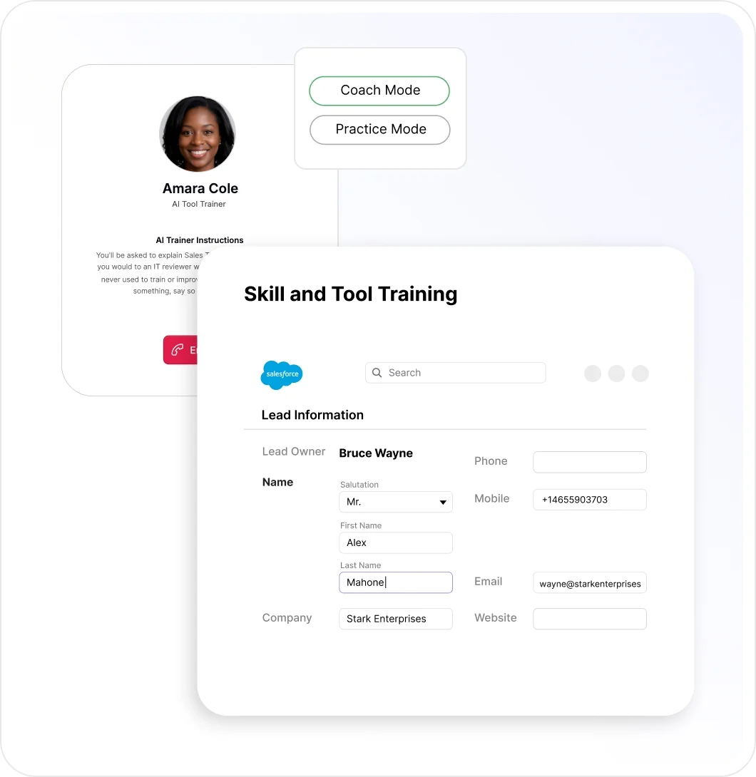 An AI Trainer guiding a rep through updating a lead record in Salesforce, with Coach and Practice modes