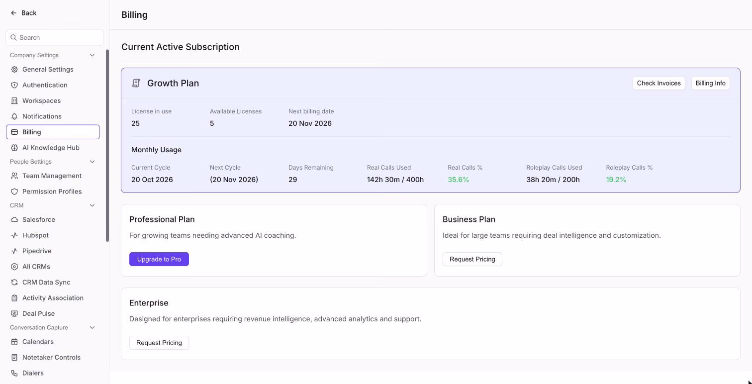 Seite „Billing“ mit getrennt angezeigten Werten für Real Calls Used und Roleplay Calls Used unter Monthly Usage