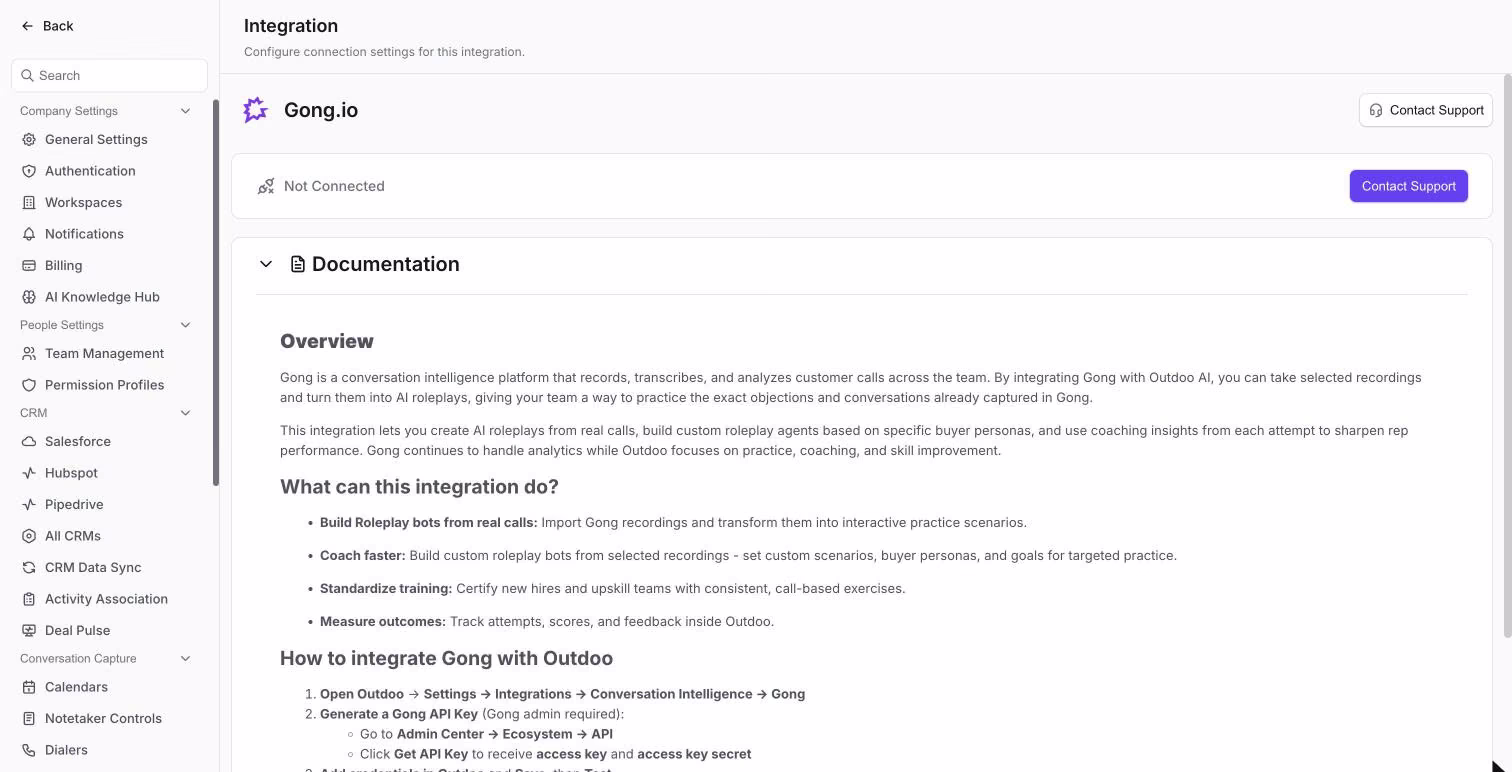 Seite der Gong.io-Integration mit dem Status „Not Connected“ und der Schaltfläche „Contact Support“