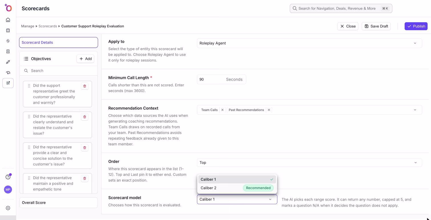 Dropdown „Scorecard model“ mit Caliber 1 und Caliber 2 (Recommended)