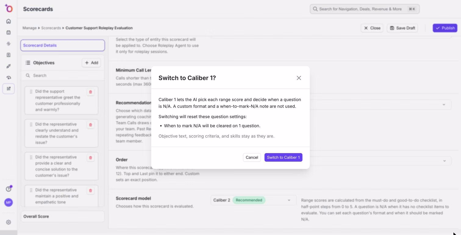 Fenster „Switch to Caliber 1?“ mit den Frageeinstellungen, die zurückgesetzt werden