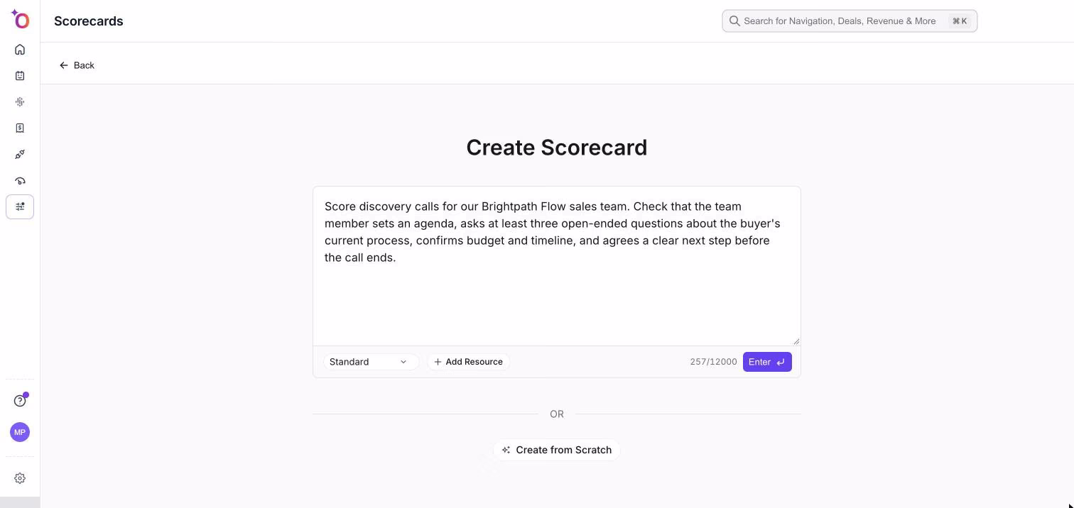 Prompt de Build with AI con el selector de modo de puntuación y Add Resource