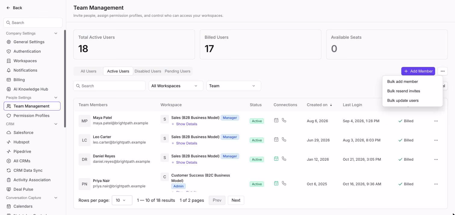 Menü mit weiteren Aktionen in Team Management mit Bulk add member, Bulk resend invites und Bulk update users
