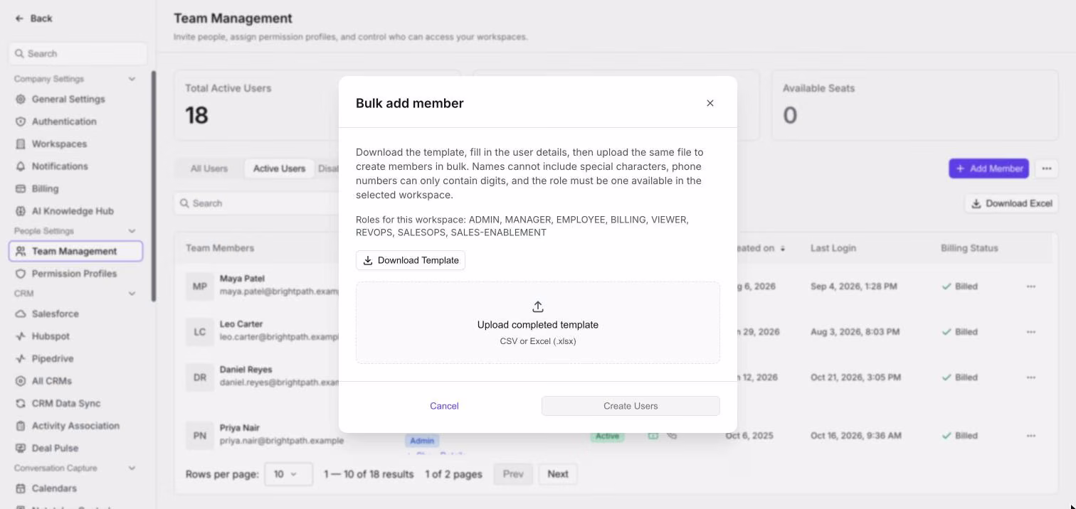 Fenster „Bulk add member“ mit Download Template und Datei-Upload