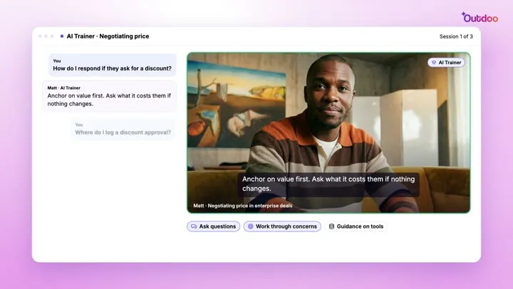 An AI Trainer coaching a rep on negotiating price, from the Outdoo AI explainer film