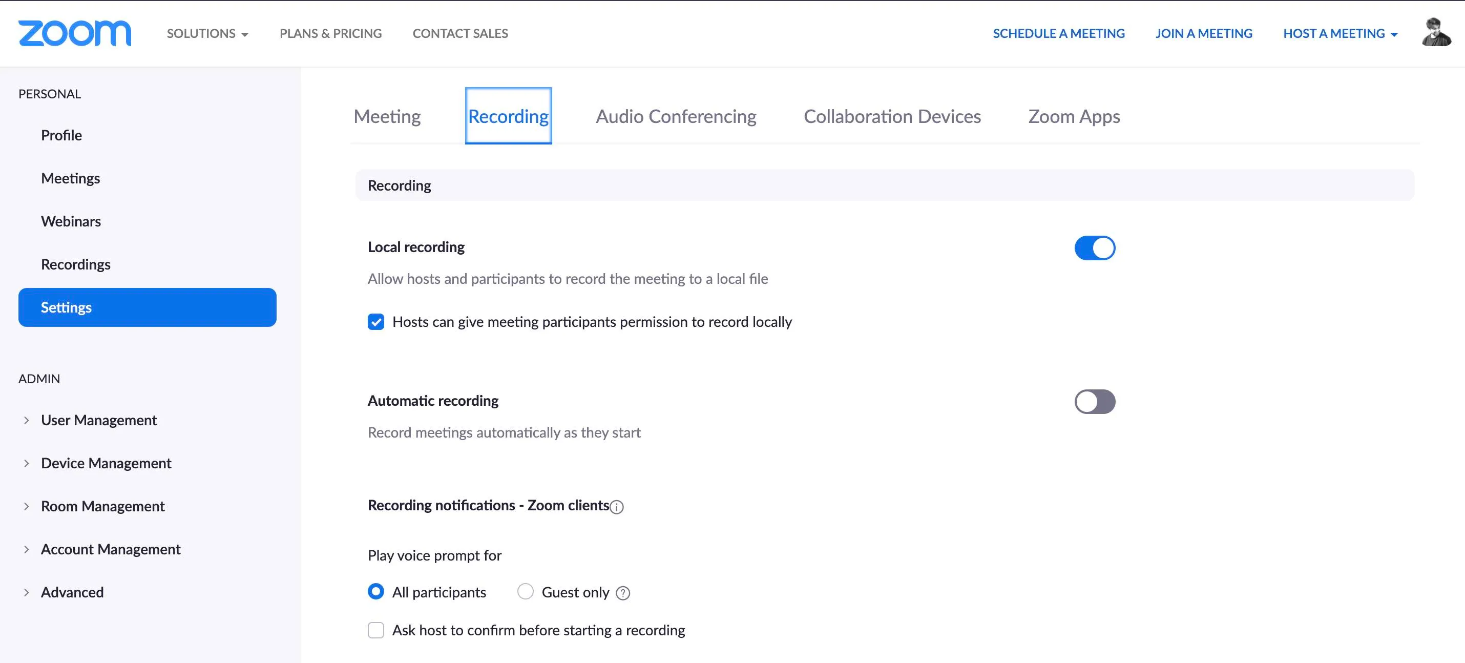 Enable Zoom local recording