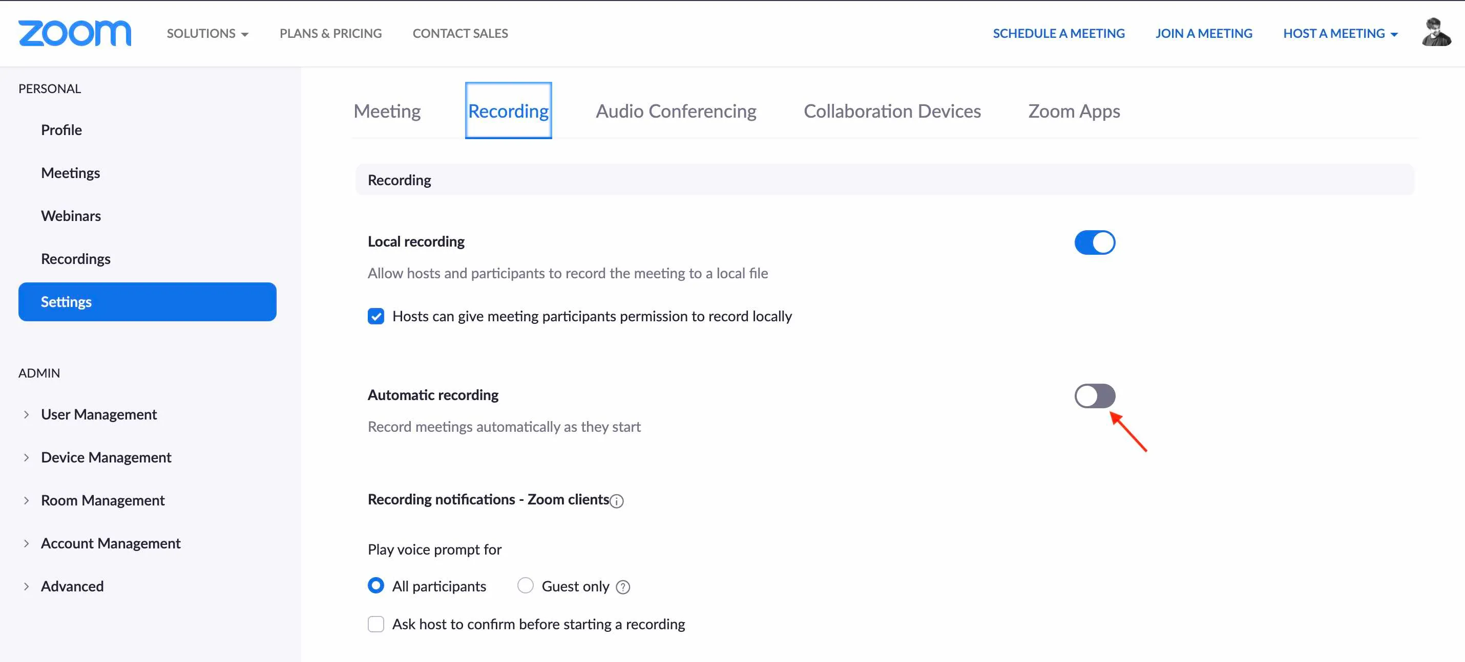 zoom enable automatic recording