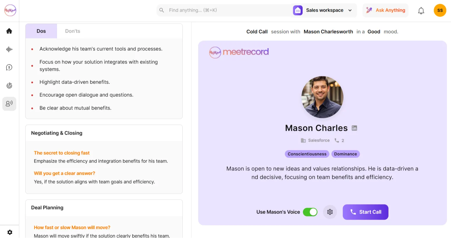 Meetrecord AI Role Play & Sales Coaching Dashboard