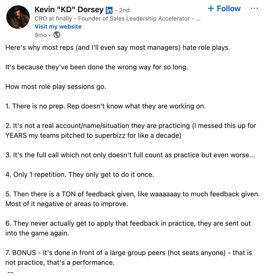 kevin kd dorsey on why sales roleplay doesn't work