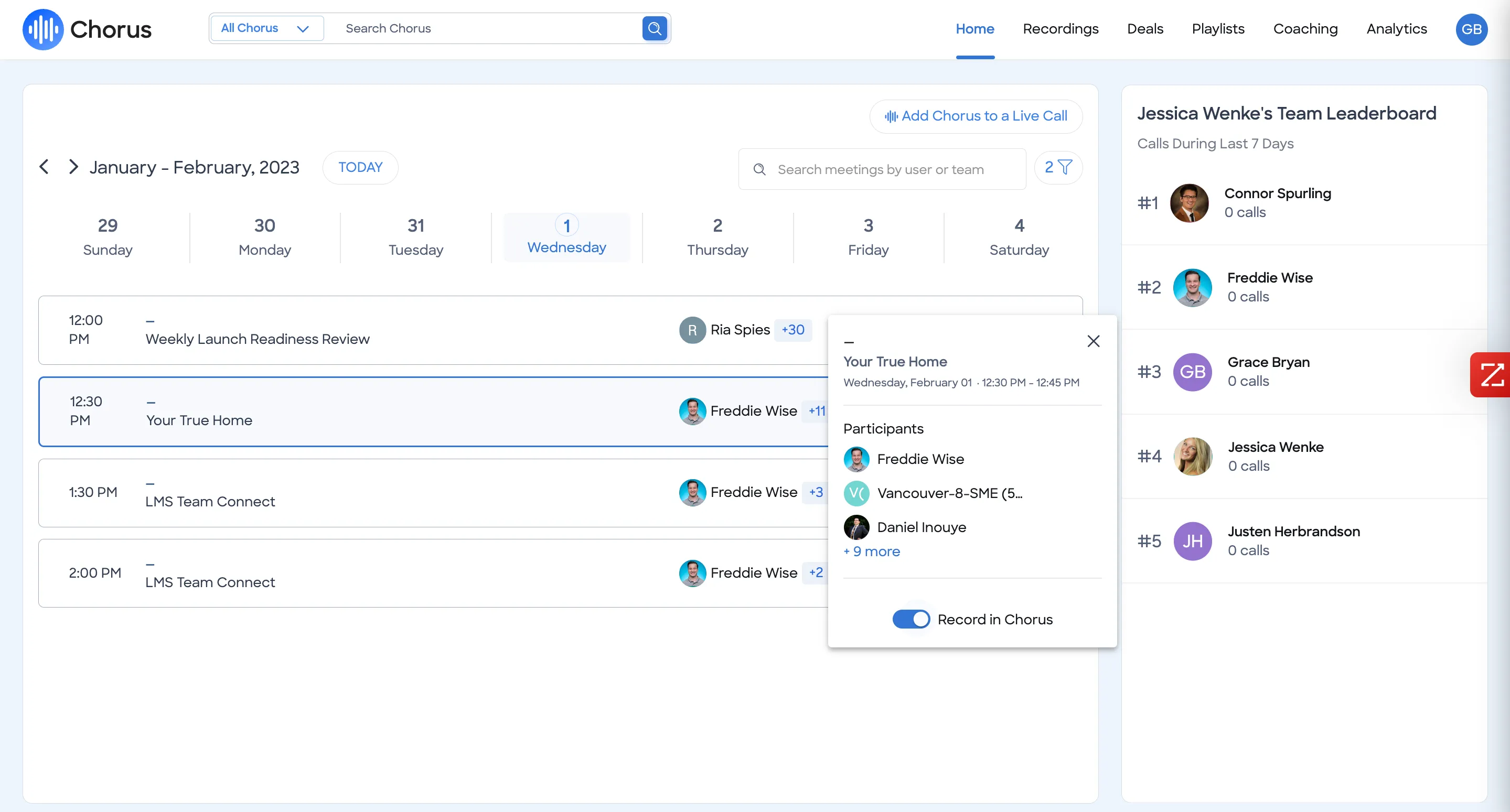 Chorus.ai dashboard showing call analytics, conversation insights, and sales coaching metrics