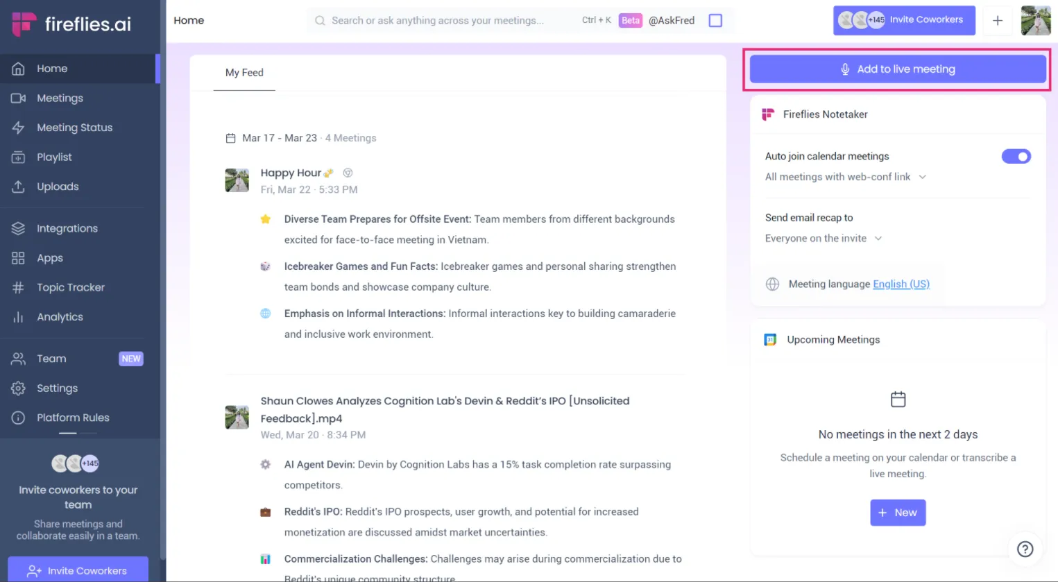 Fireflies.ai dashboard showing meeting transcription, AI-generated summaries, and conversation search features