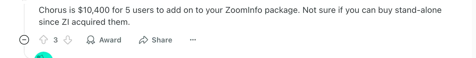Reddit user explaining that Chorus can no longer be purchased separately and must be bundled with the ZoomInfo package after the acquisition