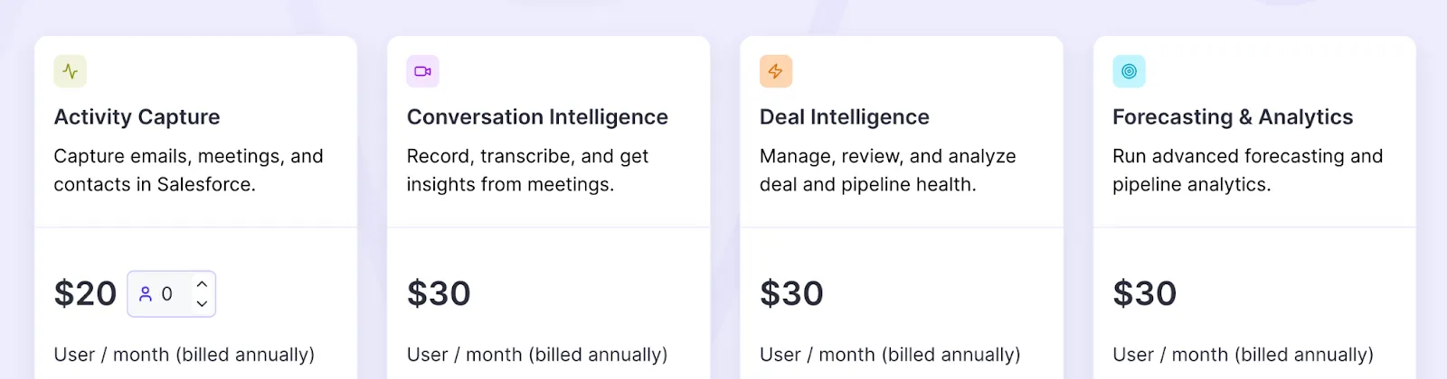 Weflow pricing plans and modules  including Salesforce-native CRM automation features with monthly and annual  billing options
