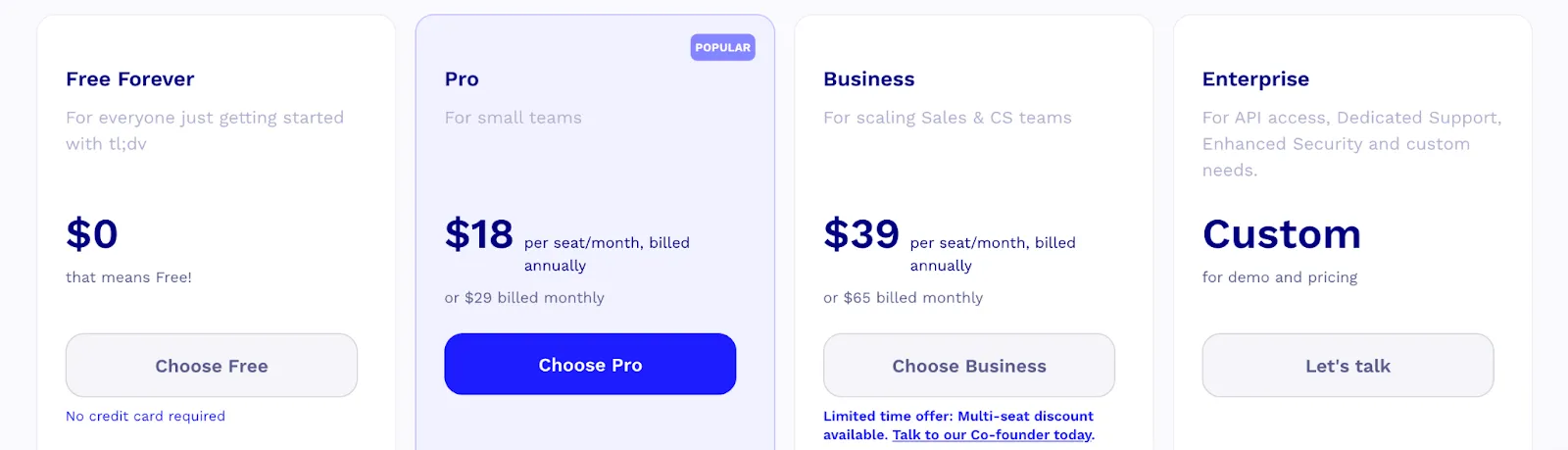 tl;dv pricing comparison showing flexible plans for async meeting recordings and highlights 