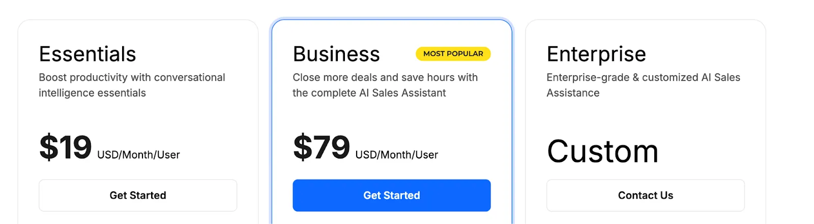 Sybill pricing snapshot highlighting plans with emotion AI, follow-ups, and subscription options billedper user per month