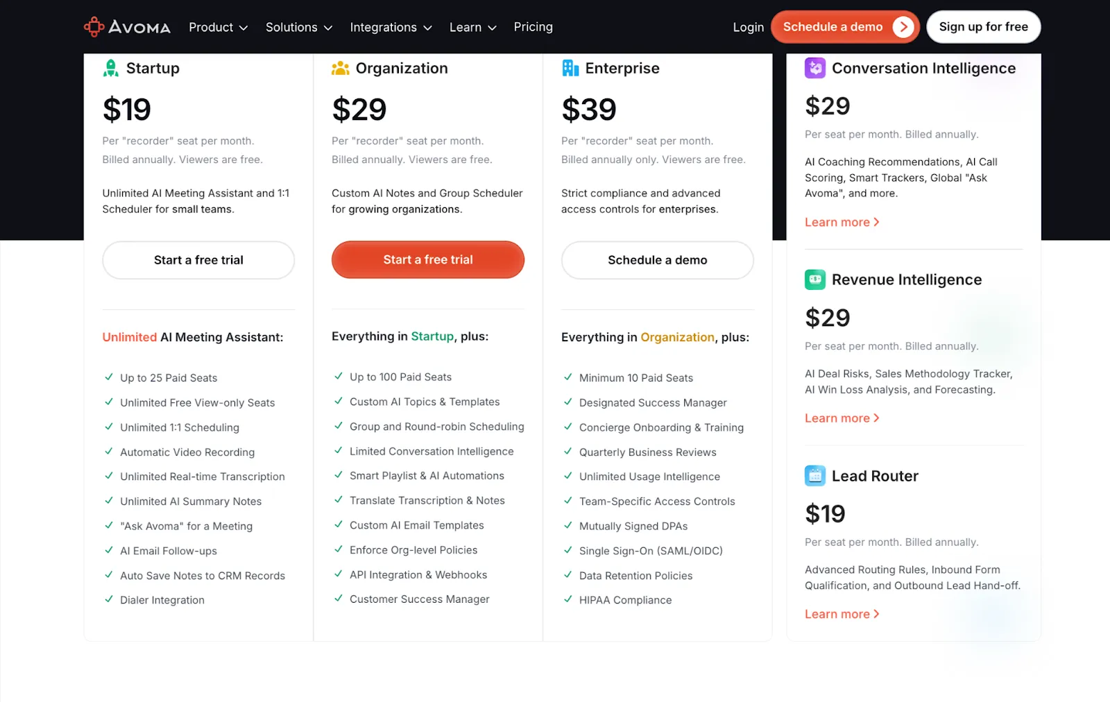 Avoma pricing structure showing plans for cross-functional meetings, AI notes, and CRM sync capabilities priced per user with annual billing