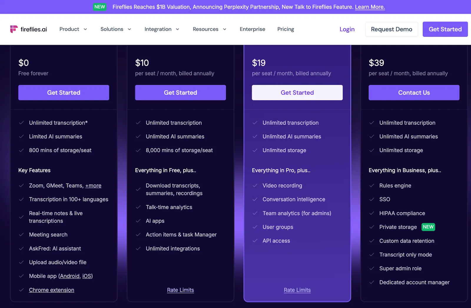 Fireflies.ai pricing screenshot with free, pro, and business plans for meeting transcription and automation