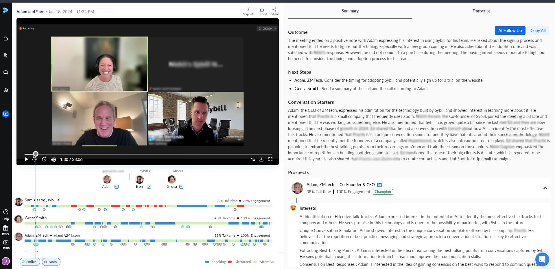 Sybill dashboard showing conversation intelligence capabilities