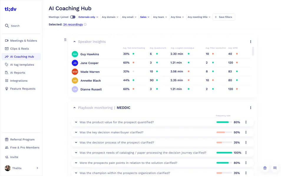 tl;v dashboard showing AI coaching hub