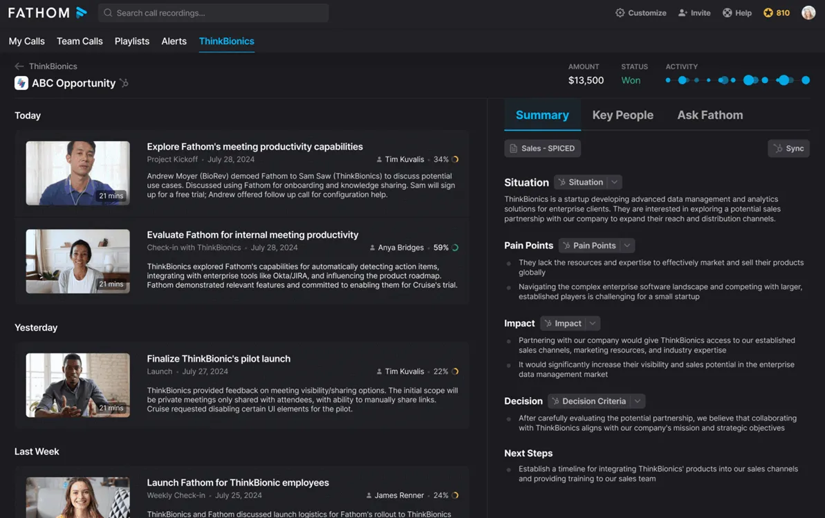 Fathom AI notetaker dashboard showing conversation intelligence capabilities