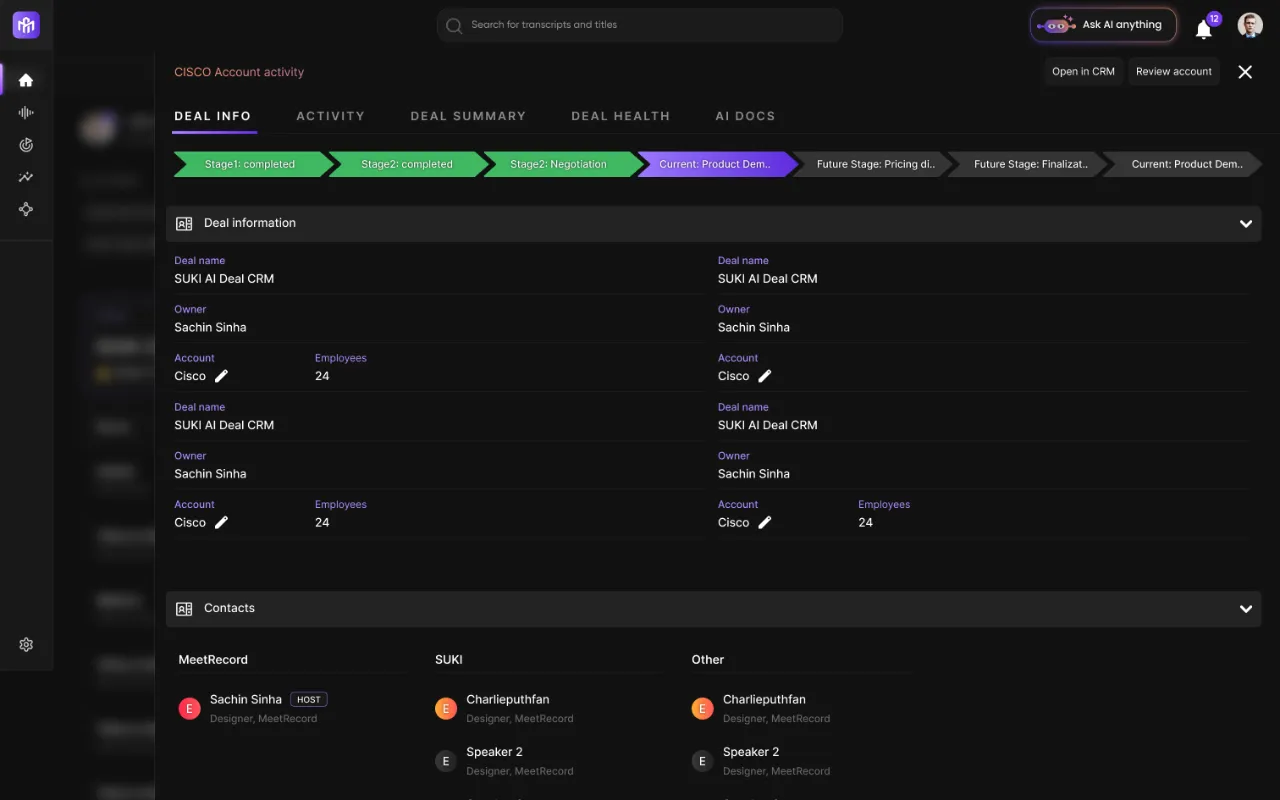 MeetReecord's Account Activity dashboard