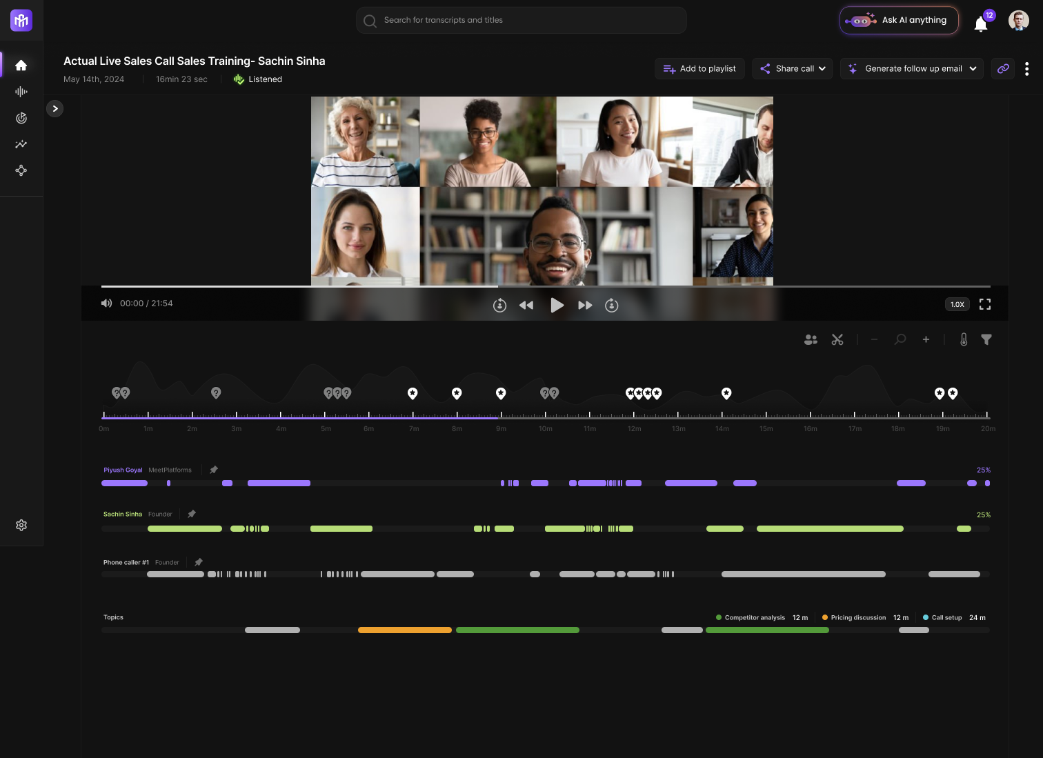 MeetRecord dashboard showing cnversartion intelligence capabilities