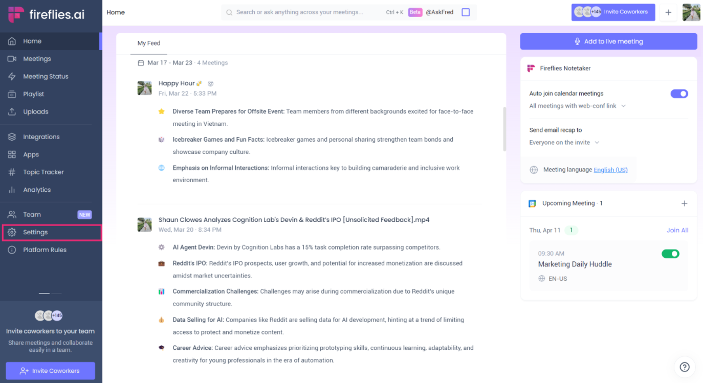 Screenshot showing Fireflies AI Home Dashboard