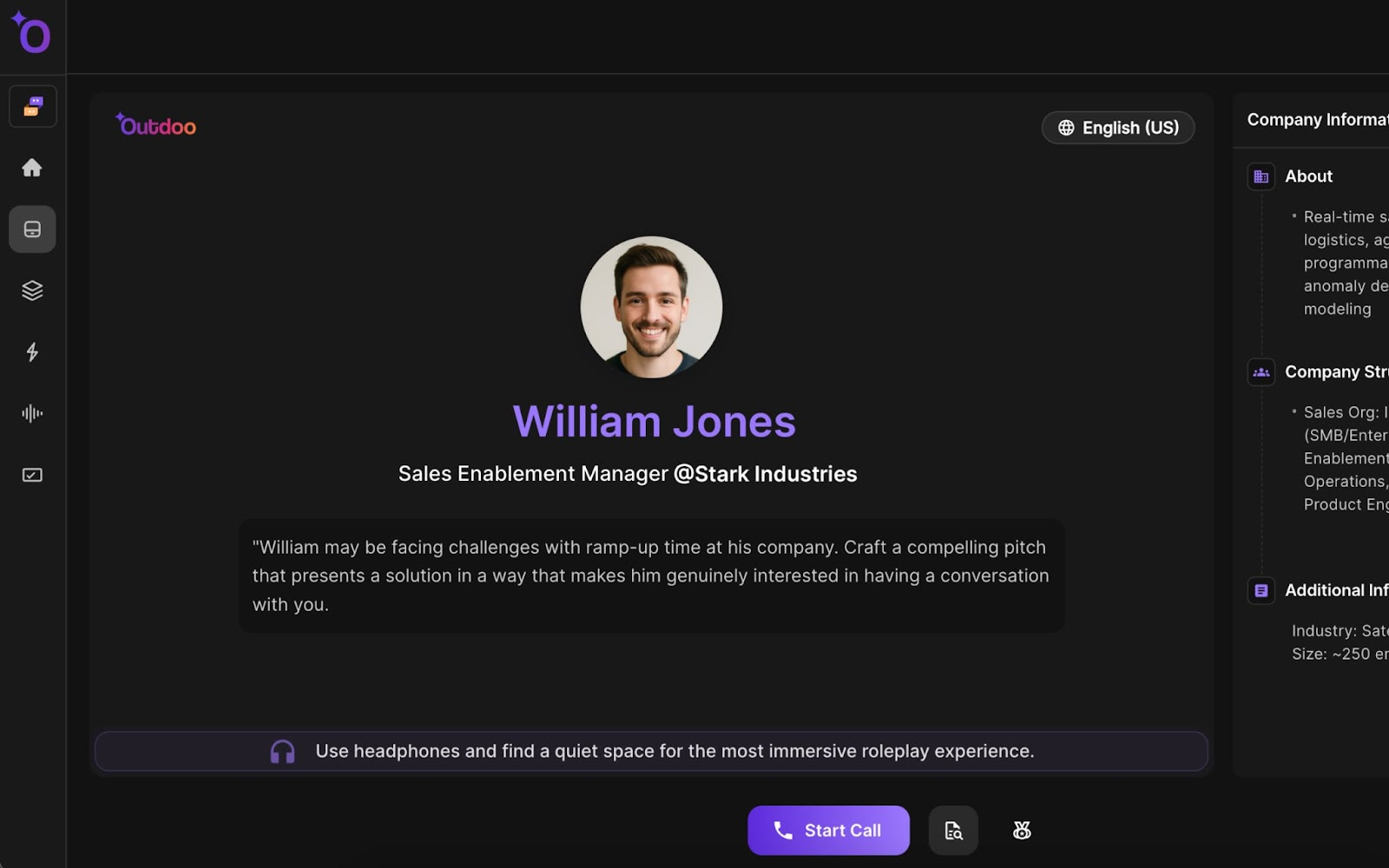 Outdoo's AI Sales Roleplay dashboard with custom bot creation